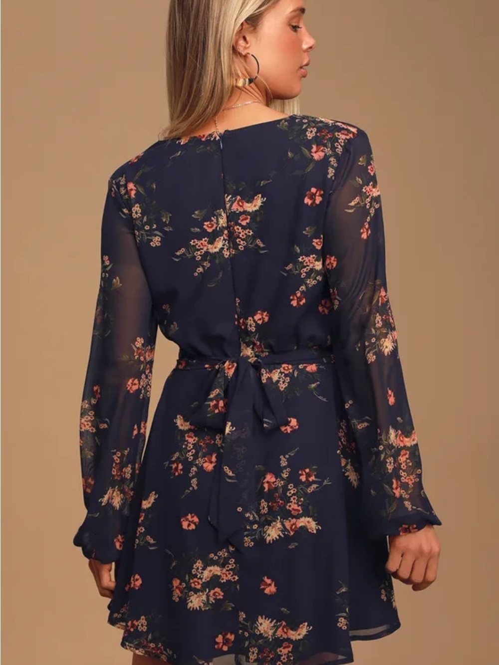 Lulu's Navy Floral Tie-Back Long Sleeve Dress